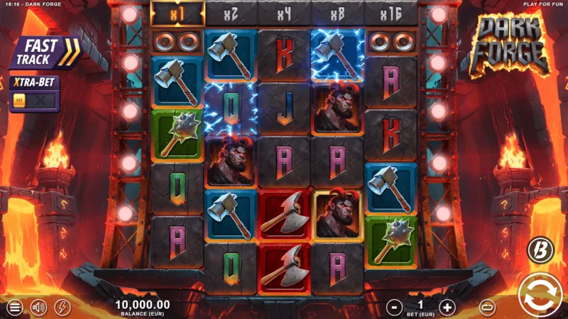 Dark Forge - pagrindinis žaidimo ekranas su 4-5-5-5-4 tinkleliu